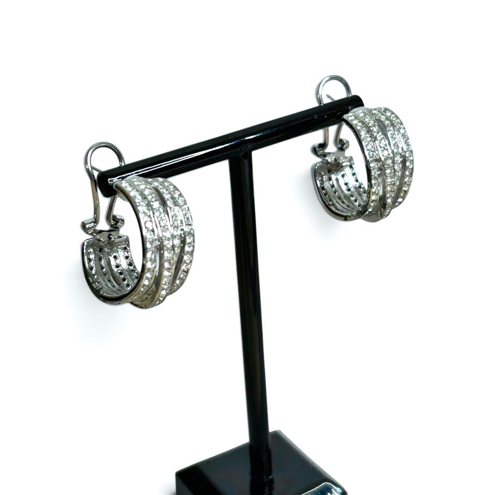 Sparkling Triple Row Pave Crystal Crescent Hoop Earrings